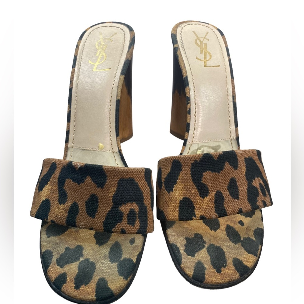 YSL leopard Cloth Mules Wooden Heel 4.5 inch